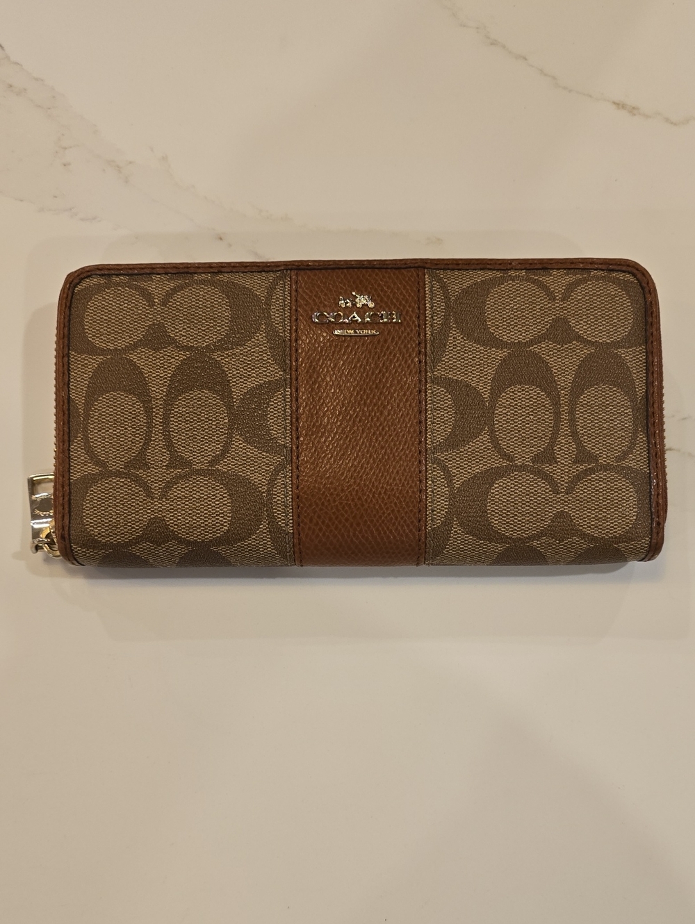 Coach Signature Canvas Zip Wallet in Brown and Tan